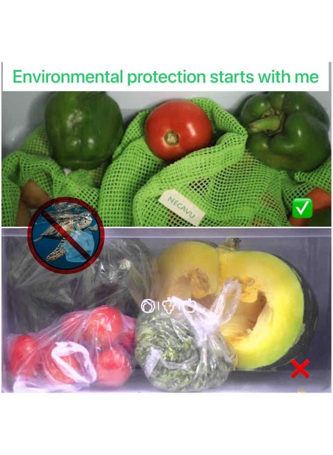 نيكا مجموعة من 6 حقائب NECAVU مصنوعة من القطن بنسبة 100% برباط للثلاجة | شبكة تخزين خضراوات طبيعية صديقة للبيئة للثلاجة | حقيبة شبكية قطنية متعددة الاستخدامات (لون أخضر نيم) - Image 3