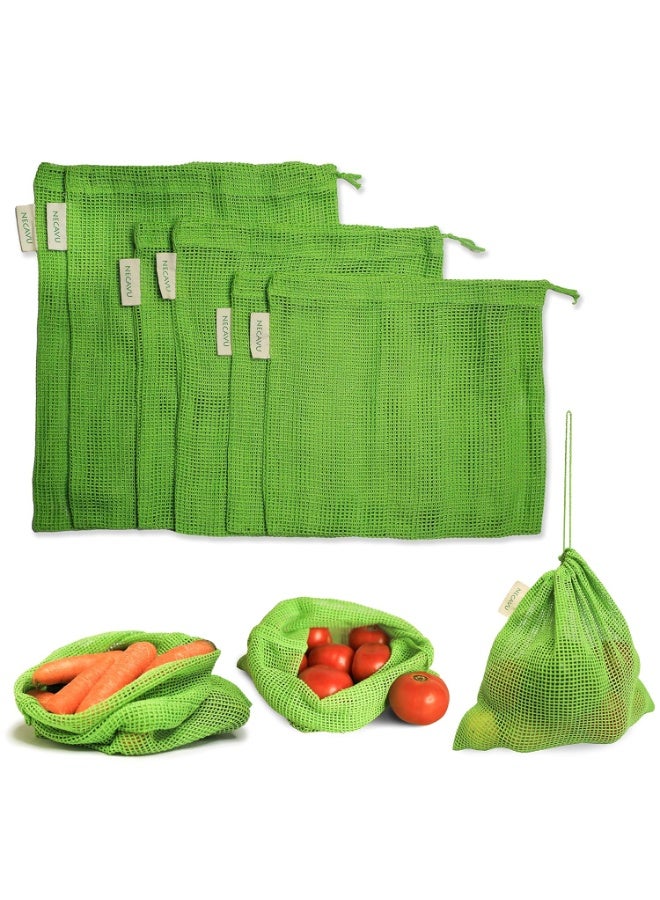 نيكا مجموعة من 6 حقائب NECAVU مصنوعة من القطن بنسبة 100% برباط للثلاجة | شبكة تخزين خضراوات طبيعية صديقة للبيئة للثلاجة | حقيبة شبكية قطنية متعددة الاستخدامات (لون أخضر نيم) - Image 1