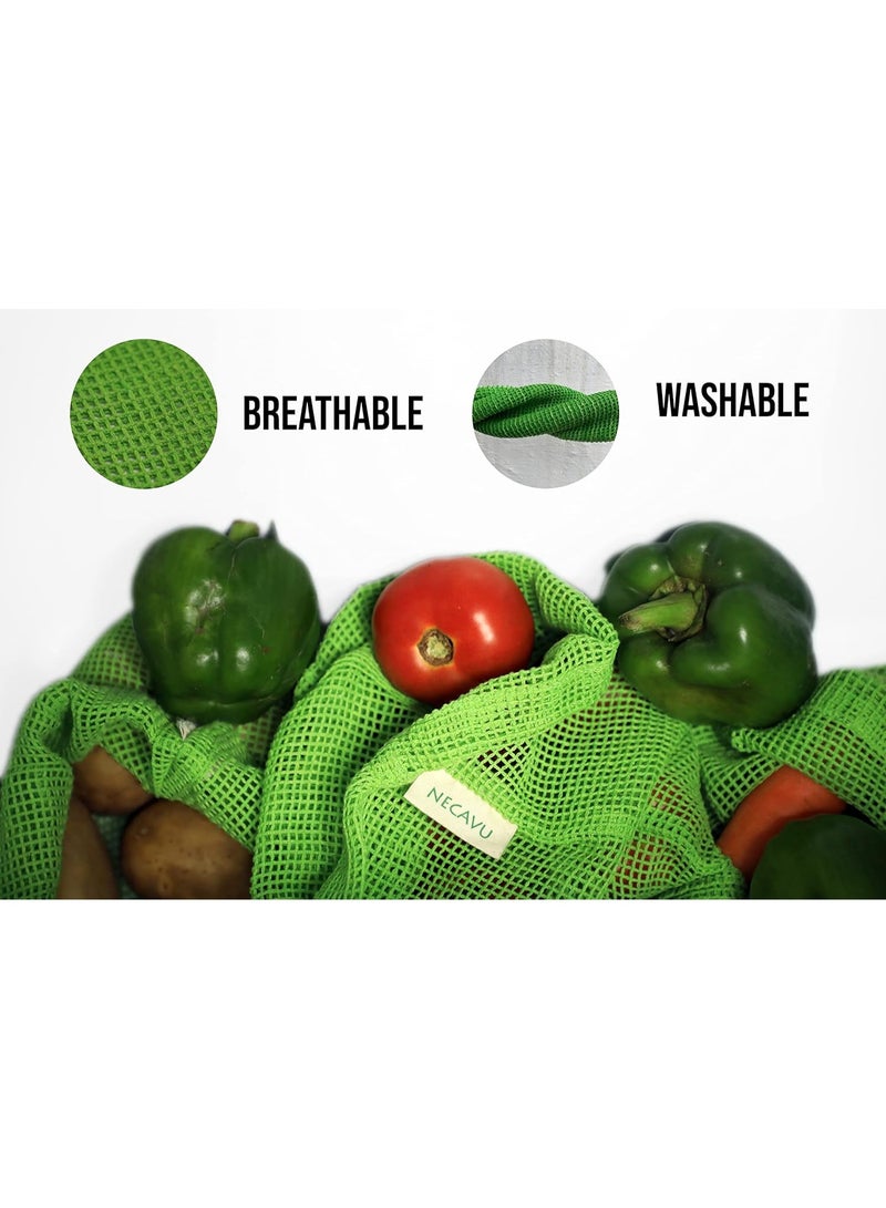 نيكا مجموعة من 6 حقائب NECAVU مصنوعة من القطن بنسبة 100% برباط للثلاجة | شبكة تخزين خضراوات طبيعية صديقة للبيئة للثلاجة | حقيبة شبكية قطنية متعددة الاستخدامات (لون أخضر نيم) - Image 5