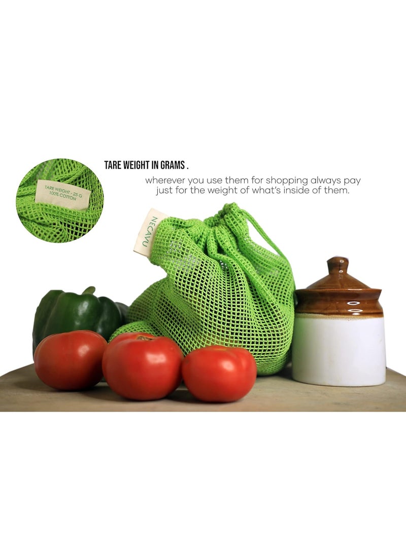 نيكا مجموعة من 6 حقائب NECAVU مصنوعة من القطن بنسبة 100% برباط للثلاجة | شبكة تخزين خضراوات طبيعية صديقة للبيئة للثلاجة | حقيبة شبكية قطنية متعددة الاستخدامات (لون أخضر نيم) - Image 4