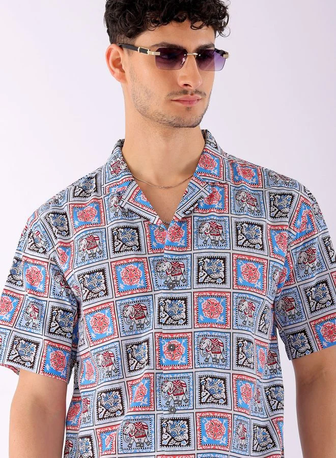 The Indian Garage Co Men Relaxed Fit Mosaic Printed Half Sleeves Cuban Collar Resort Wear Shirt