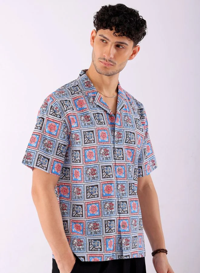 The Indian Garage Co Men Relaxed Fit Mosaic Printed Half Sleeves Cuban Collar Resort Wear Shirt