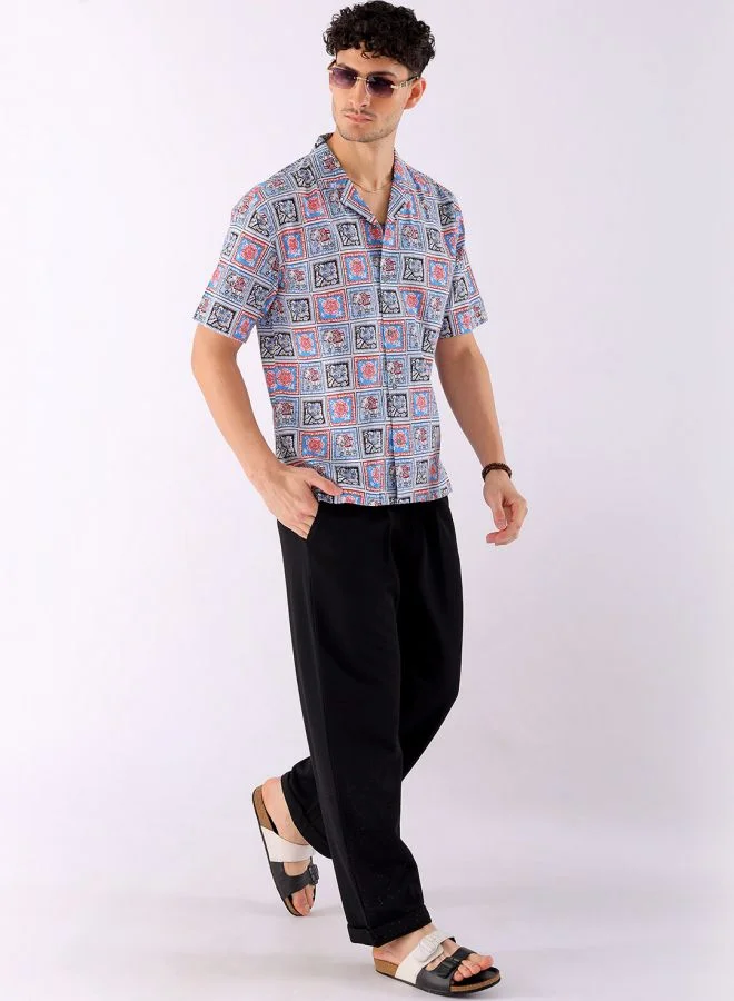 The Indian Garage Co Men Relaxed Fit Mosaic Printed Half Sleeves Cuban Collar Resort Wear Shirt