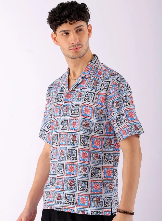The Indian Garage Co Men Relaxed Fit Mosaic Printed Half Sleeves Cuban Collar Resort Wear Shirt