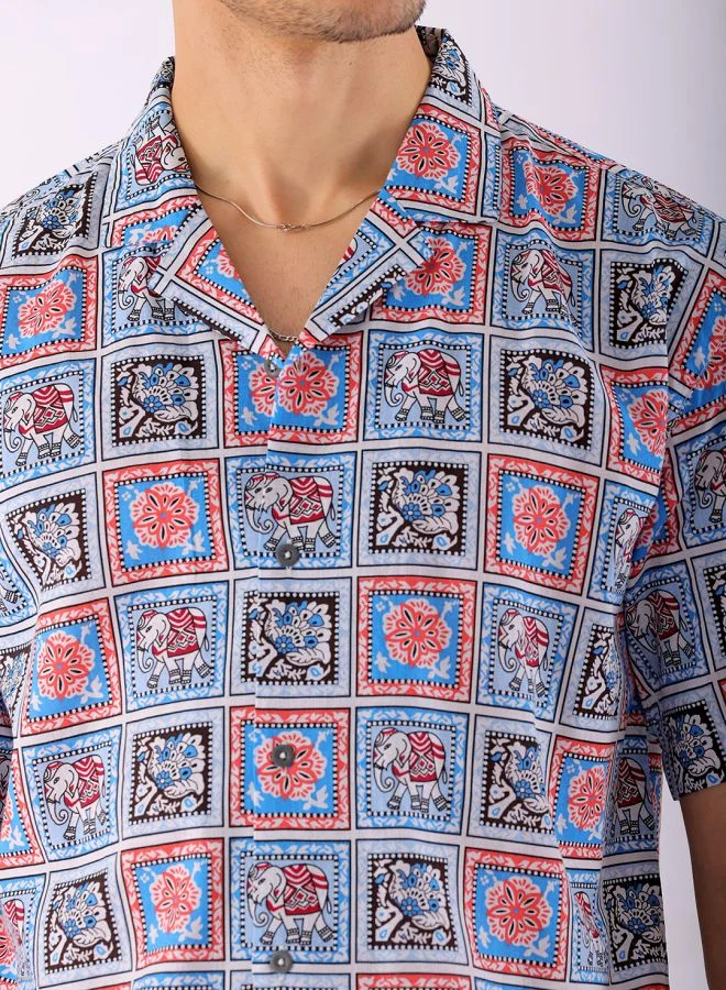 The Indian Garage Co Men Relaxed Fit Mosaic Printed Half Sleeves Cuban Collar Resort Wear Shirt