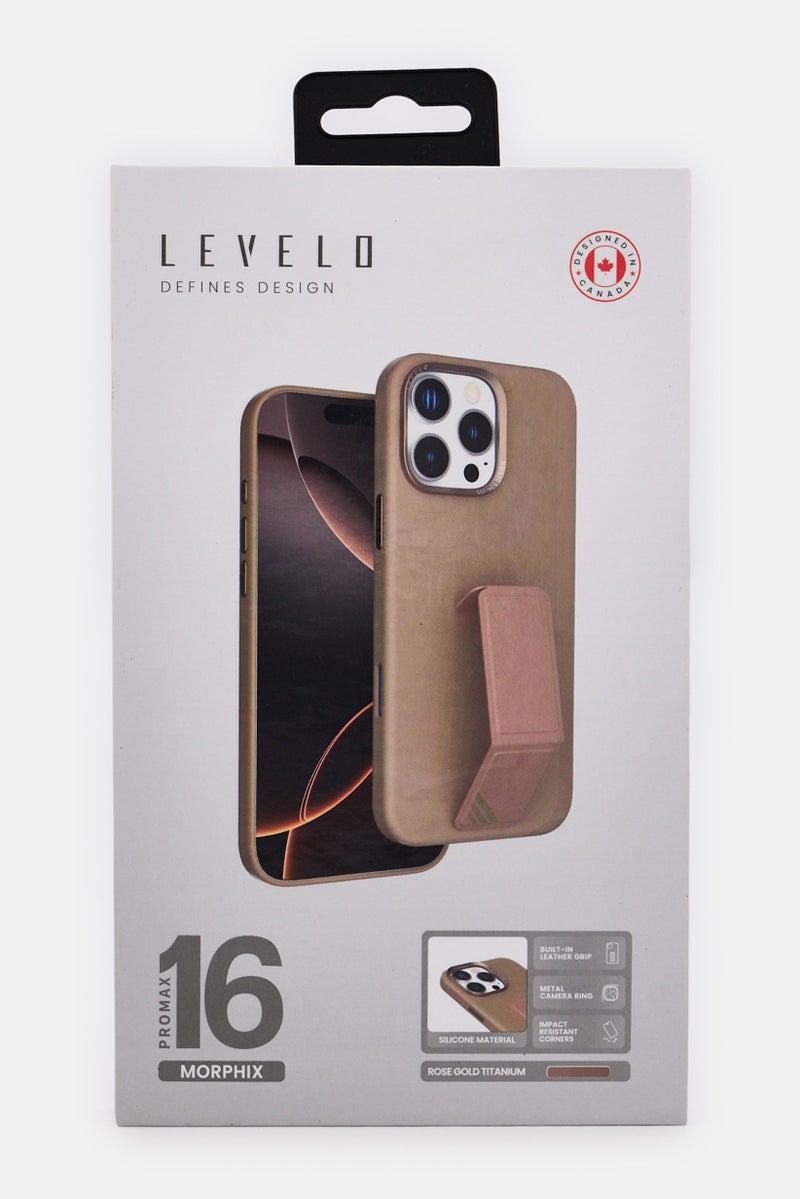 LEVELO iPhone 16 Pro Max Morphix Silicone Case With Leather Grip Stand, Brown - Image 2