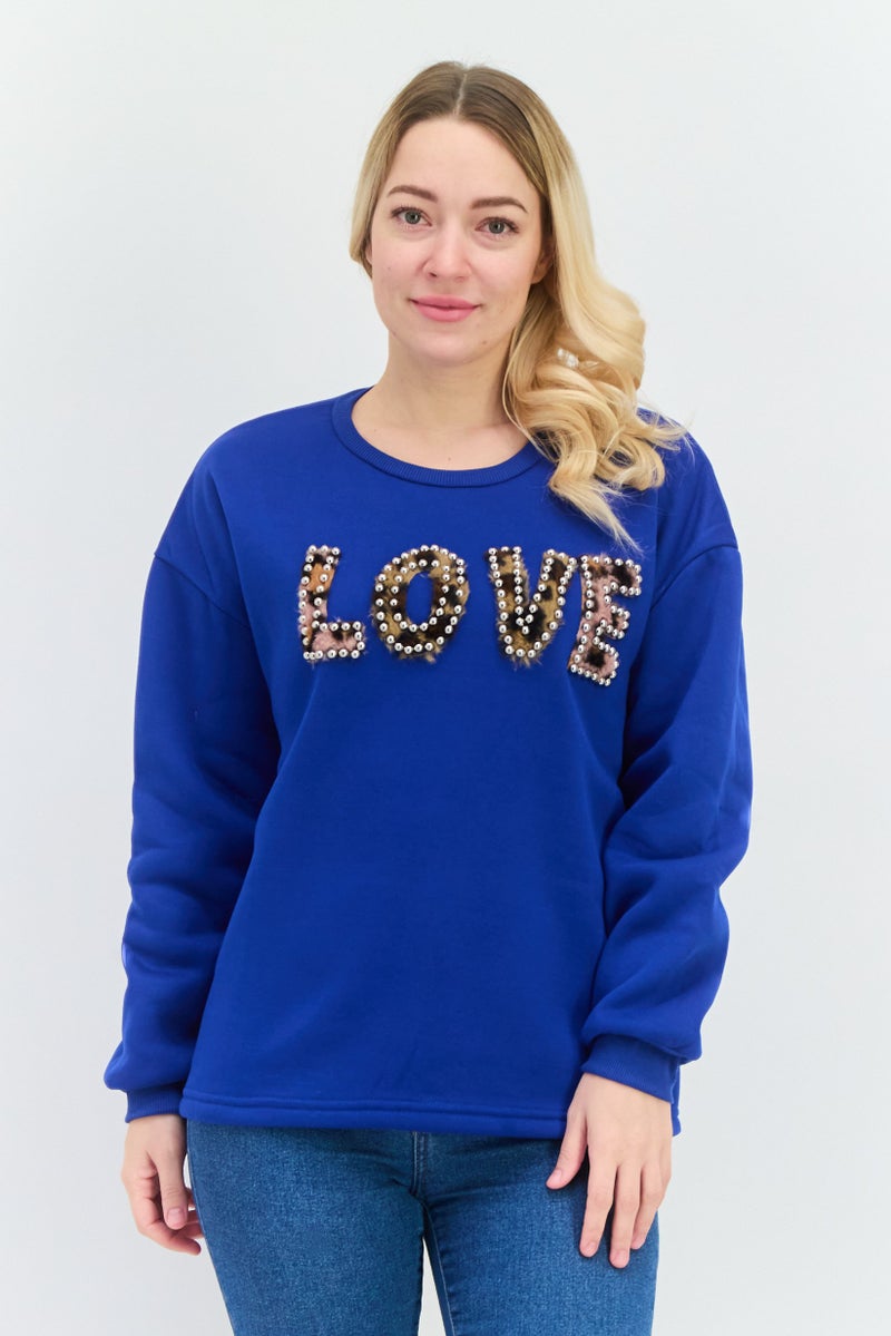 Buzz سويت شيرت مزين بياقة دائرية للنساء، أزرق - Image 1