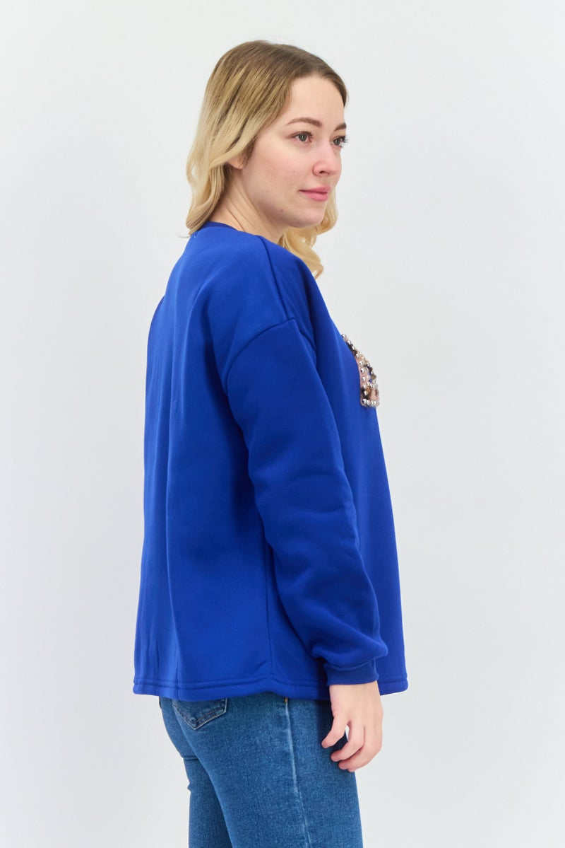 Buzz سويت شيرت مزين بياقة دائرية للنساء، أزرق - Image 2