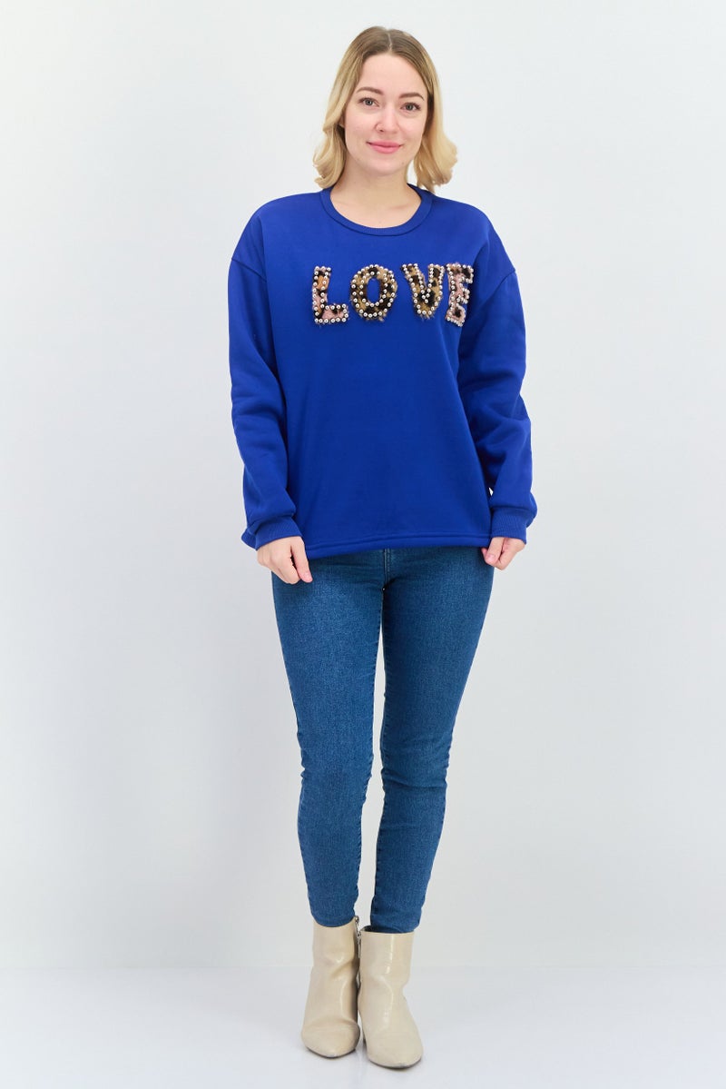 Buzz سويت شيرت مزين بياقة دائرية للنساء، أزرق - Image 4