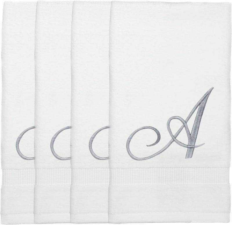 BC BARE COTTON Monogrammed Fingertip Towels, Personalized Gift, 11 x 18 Inches - Set of 4 - Silver Script Embroidery - Extra Absorbent 100% Turkish Cotton- Soft Terry Velour- for Bathroom, Kitchen and Spa- A White - Image 1