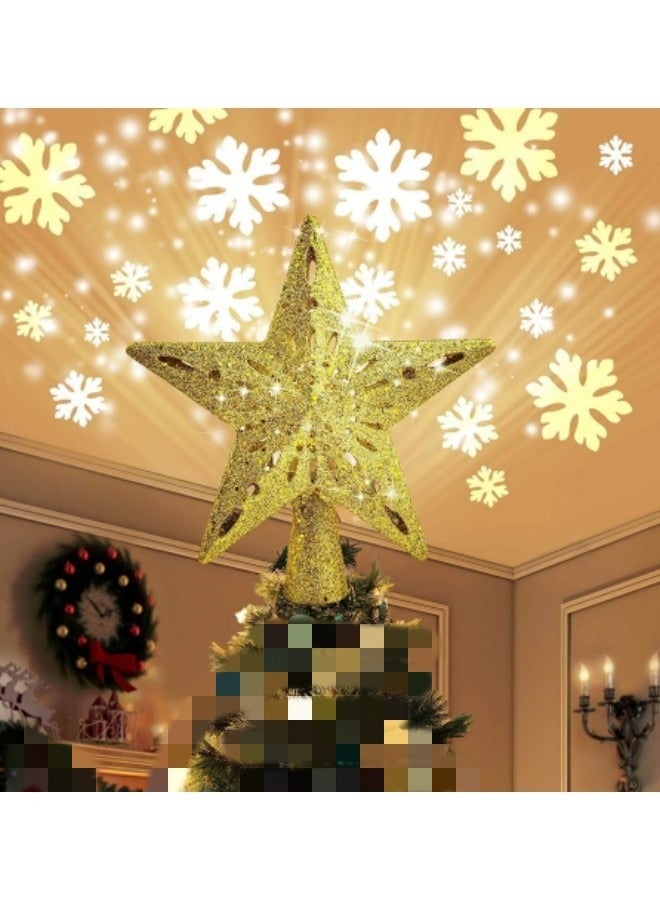 GGEROU Decoration Tree Topper Gold Star Glittered, Rotating 3D Hollow LED Snowflake Projector Light for Holiday Decoration - Image 1