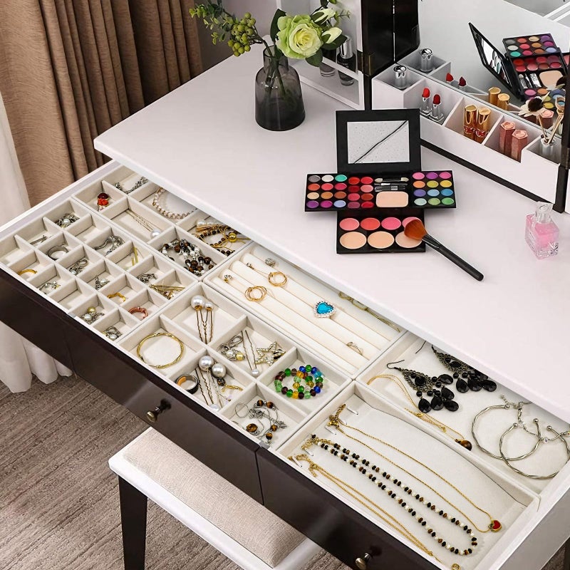Dntorx Stackable Jewelry Organizer Trays, 6 Set of Velvet Jewelry Drawer Insert Sets Organizer Trays Jewelry Display Case Storage with Removable Dividers for Earring Necklace Rings Braceletï¼ˆBeigeï¼‰ - Image 4