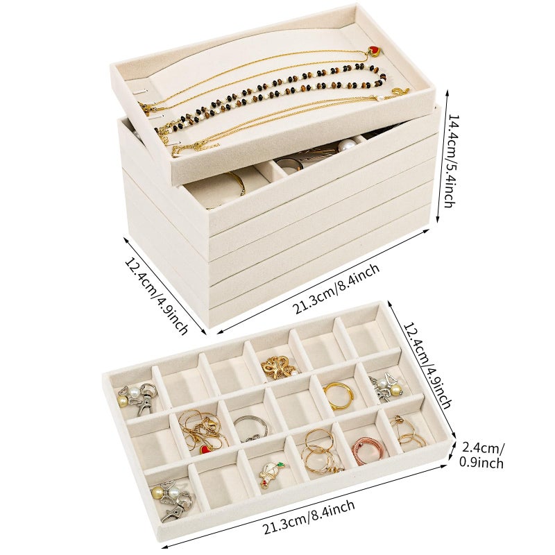 Dntorx Stackable Jewelry Organizer Trays, 6 Set of Velvet Jewelry Drawer Insert Sets Organizer Trays Jewelry Display Case Storage with Removable Dividers for Earring Necklace Rings Braceletï¼ˆBeigeï¼‰ - Image 3