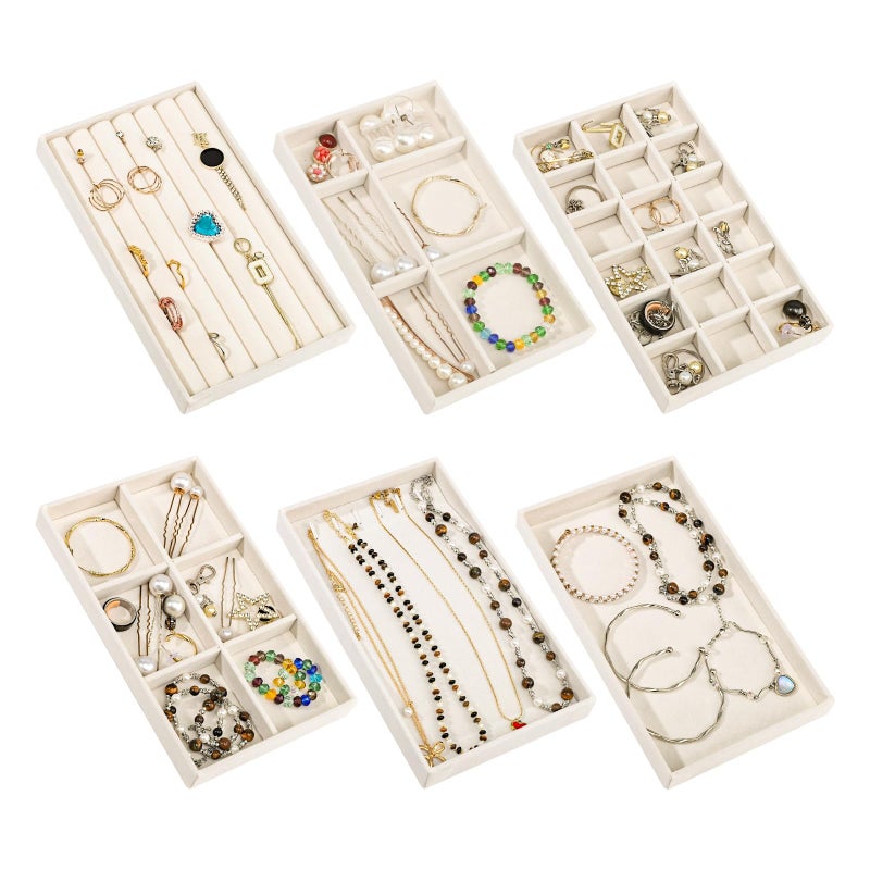 Dntorx Stackable Jewelry Organizer Trays, 6 Set of Velvet Jewelry Drawer Insert Sets Organizer Trays Jewelry Display Case Storage with Removable Dividers for Earring Necklace Rings Braceletï¼ˆBeigeï¼‰ - Image 1