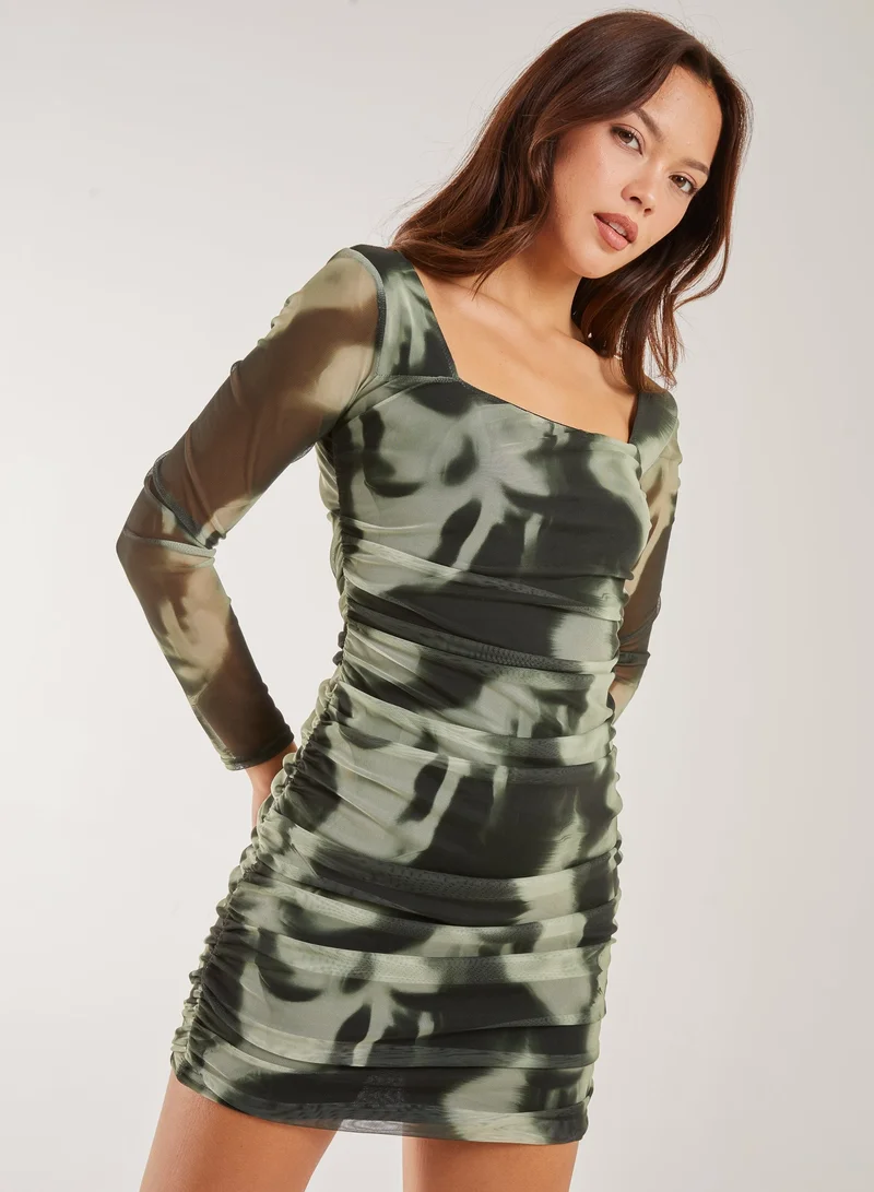 Pink Vanilla  Smokey Print Long Sleeve Mesh Mini Dress for Women | Best Price UAE