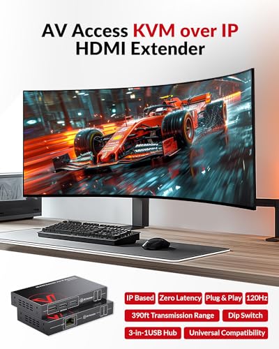 v AV Access AV Access 4K HDMI USB KVM Extender TCP/IP Over Single Cat5e/6/6a/7 up to 120M(390ft), 1080P@120Hz, Plug & Play, Keyboard & Mouse Over Network, Zero Latency, 3 Ports USB Hub, DIP up to 16 Sets - Image 2