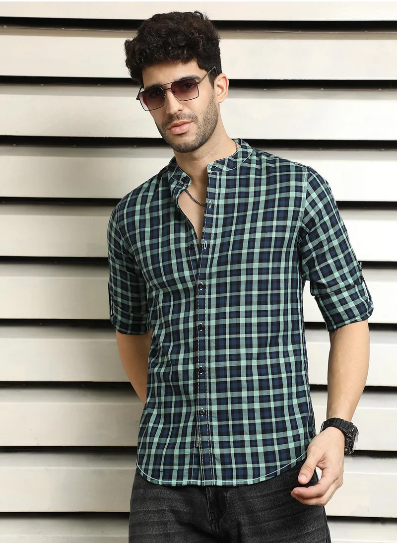 هاي ستار Mandarin Collar Checked Casual Shirt for Men