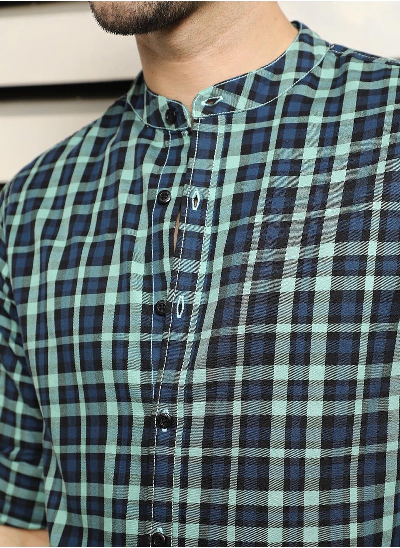HIGH STAR - Mandarin Collar Checked Casual Shirt for Men - Image 1