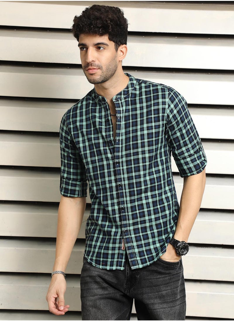 HIGH STAR - Mandarin Collar Checked Casual Shirt for Men - Image 1