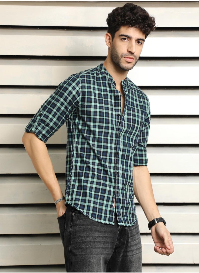 HIGH STAR - Mandarin Collar Checked Casual Shirt for Men - Image 1