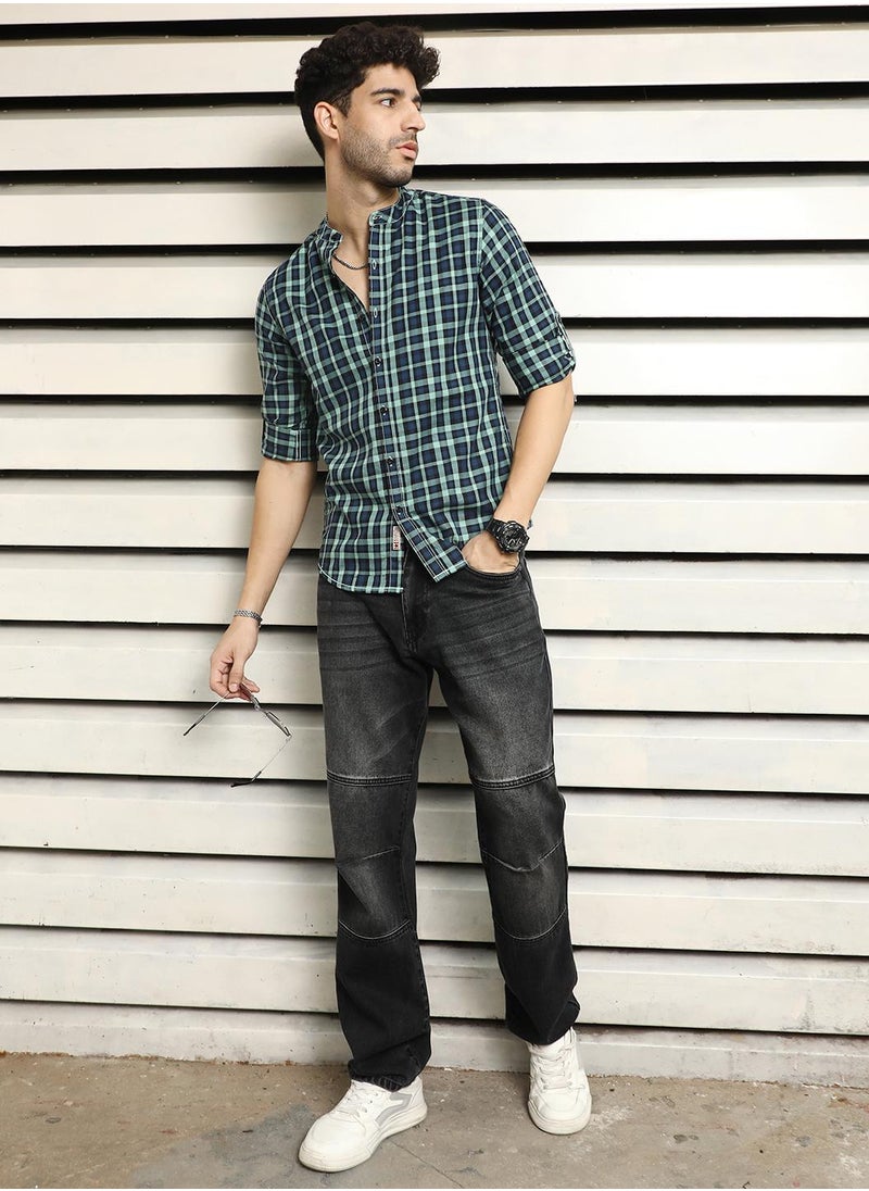 HIGH STAR - Mandarin Collar Checked Casual Shirt for Men - Image 1