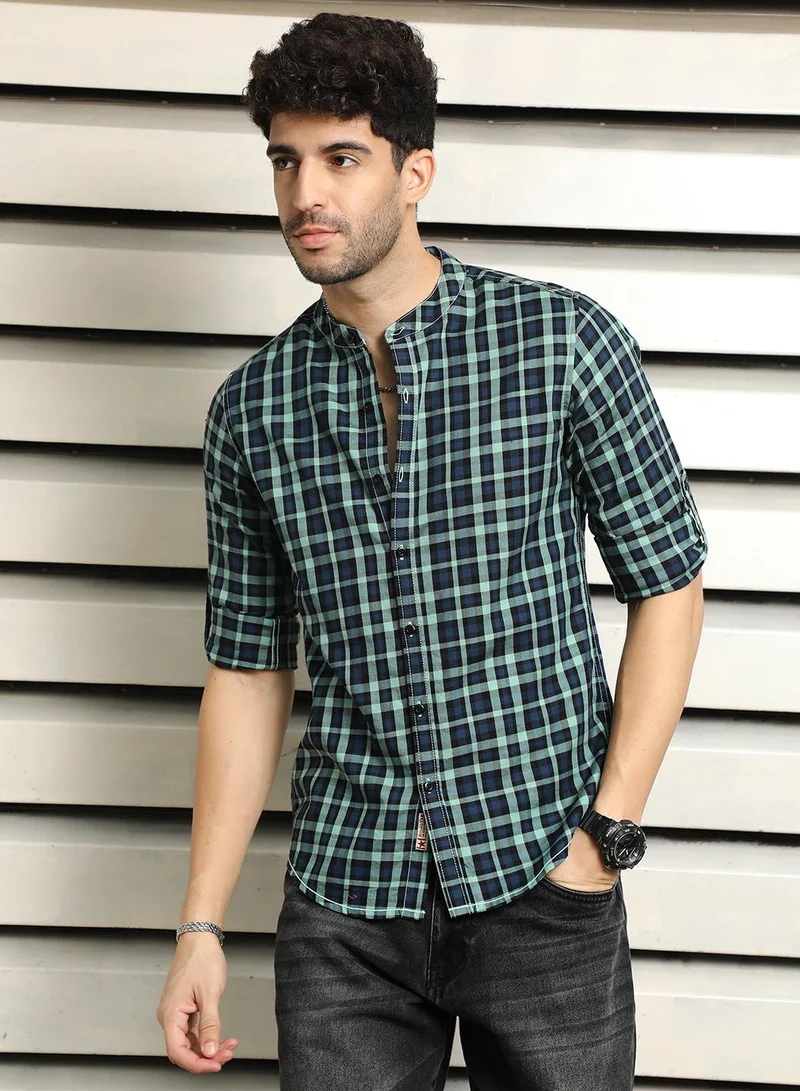 HIGH STAR Mandarin Collar Checked Casual Shirt for Men