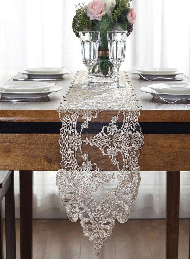 ARTABLE Lace Table Runner Dresser Scarf Macrame Embroidered Table Runners with Exquisite Flower Vintage Shabby Chic for Wedding Holiday Dinning (Champagne, 10 x 47 Inch) - Image 2