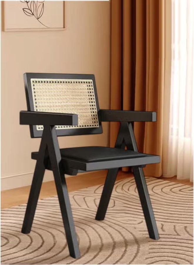 Chandigarh Chair Vintage - PU Leather Seat & Feather Pattern Back, Mid-Century Modern Dining Chair for Living Room, Cafe, Office - Black 51×54×83cm