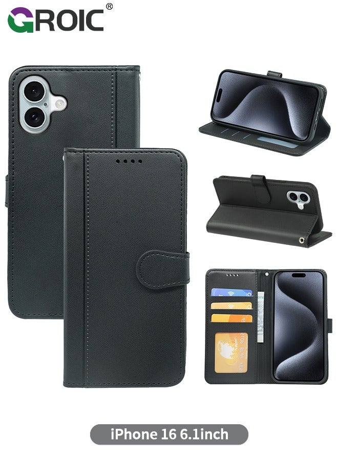GROIC غطاء محفظة متوافق مع آيفون 16 مع حامل بطاقة ائتمان، غلاف جلدي قابل للطي مع مشبك مغناطيسي ودعامة قوية لحماية آيفون 16 - Image 1