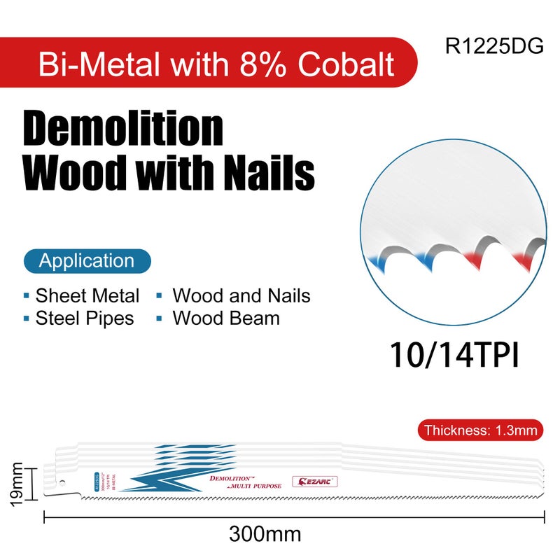 EZARC Reciprocating Saw Blade Bi-Metal Cobalt Sabre Saw Blades for Multi-Purpose 12-Inch 10/14TPI R1225DG (5-Pack) - Image 2