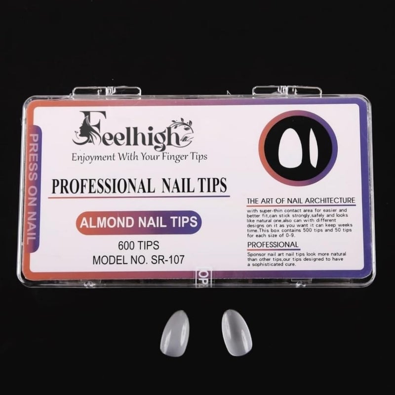 Feelhigh Fake Nails Press on Nails Nails Tips for Full Cover Acrylic Nails False Nails For Nail Extension Nail Art Home DIY Nail Salon10 Sizes For Man Women Almond 600pcs White - Image 1