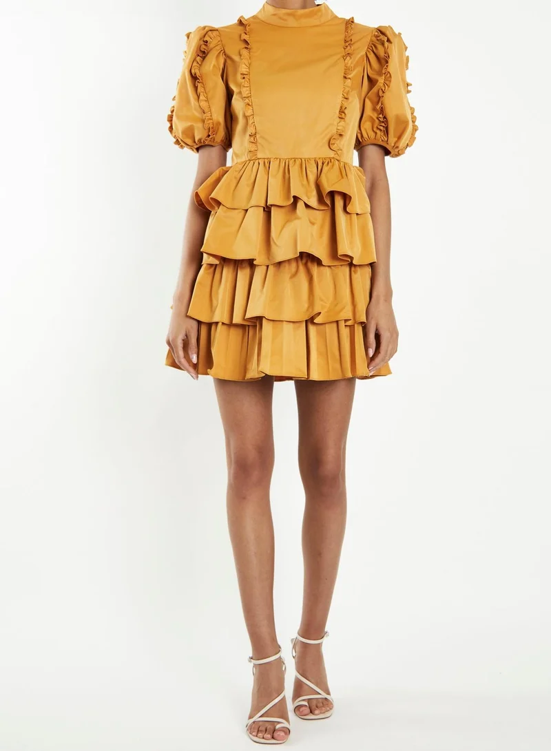ترو ديكادينس Lucy Mustard High-Neck Statement Sleeve Mini-Dress