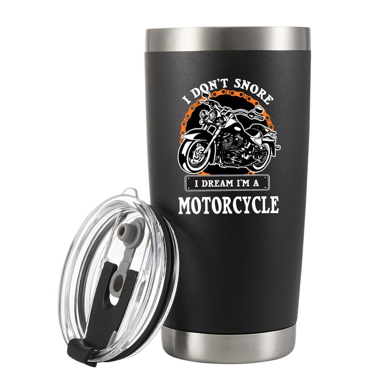 Panvola I Don't Snore I Dream I'm A Motorcycle Stainless Steel Tumbler Snorers Motorcyclist Gift Biker Rider For Dad Husband Boyfriend Uncle Travel Mug (20 oz, Black) - Image 1