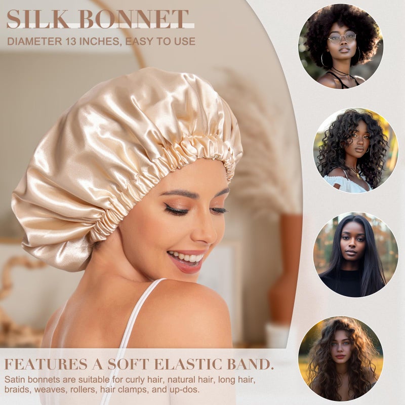 Edoneery Satin Bonnet Silk Bonnet Hair Bonnet for Sleeping-Slouchy Beanie Hat Satin Sleep Cap for Women's Natural & Curly Hair(Champagne) - Image 3