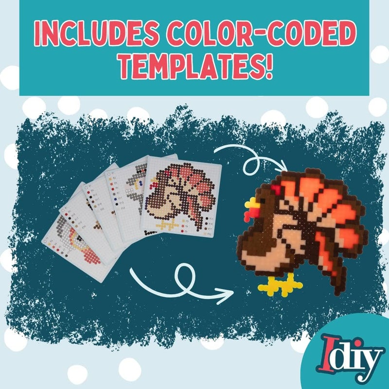 SCS Direct 8,000pc DIY Thanksgiving Fuse Bead Craft Kit - 15 Colors, 10 Unique Templates, 4 Peg Boards, Tweezers, Iron Paper, Case -Works w Perler, Pixel Art -Perfect Kids Activity Gift - Image 3
