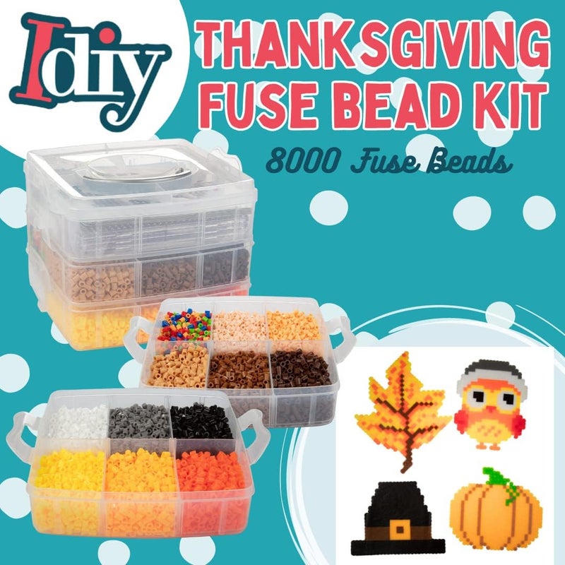 SCS Direct 8,000pc DIY Thanksgiving Fuse Bead Craft Kit - 15 Colors, 10 Unique Templates, 4 Peg Boards, Tweezers, Iron Paper, Case -Works w Perler, Pixel Art -Perfect Kids Activity Gift - Image 2