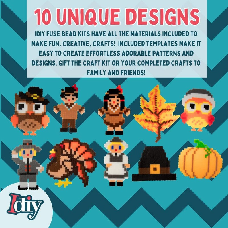 SCS Direct 8,000pc DIY Thanksgiving Fuse Bead Craft Kit - 15 Colors, 10 Unique Templates, 4 Peg Boards, Tweezers, Iron Paper, Case -Works w Perler, Pixel Art -Perfect Kids Activity Gift - Image 5