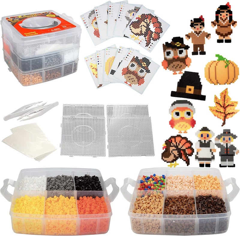 SCS Direct 8,000pc DIY Thanksgiving Fuse Bead Craft Kit - 15 Colors, 10 Unique Templates, 4 Peg Boards, Tweezers, Iron Paper, Case -Works w Perler, Pixel Art -Perfect Kids Activity Gift - Image 1