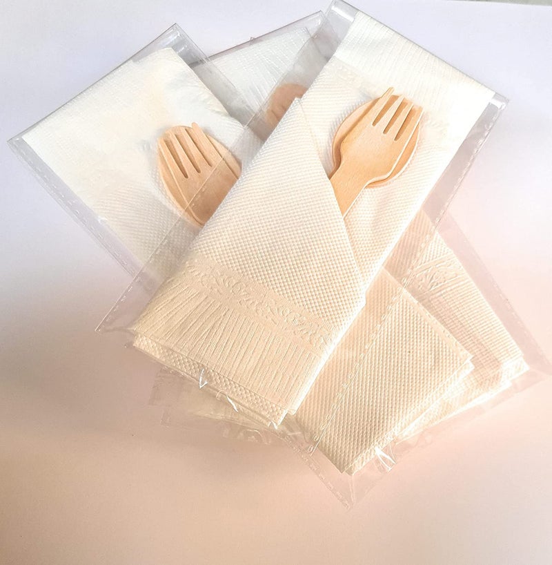 Adaamya® - Eco-Friendly Bio-degradable Disposable 140 MM (5.5 Inch) Wooden Cutlery Individual Set of Fork, Spoon, Napkin (50) - Image 1