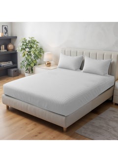 Rest Stripe Fitted Sheet Set King 180 X 200+30 Cm + 2 Pillowcases 50 X 75 Cm Brushed Microfiber Premium Durable Quality Deep Pocket For A Perfect Fit Shrinkage Fade Resistant White  - Image 1