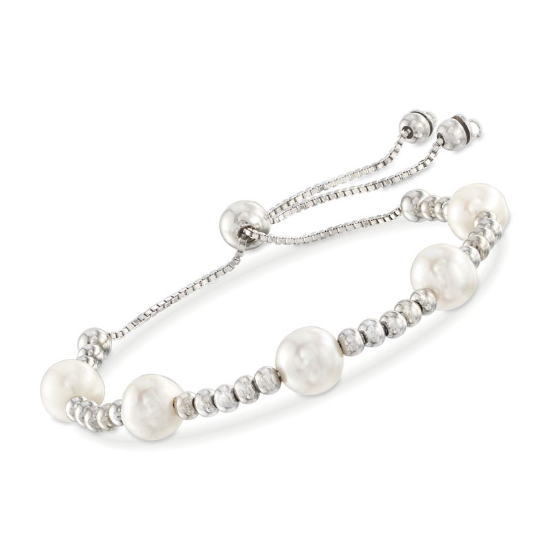 Ross-Simons 7-7.5mm Cultured Pearl and Sterling Silver Bead Station Bolo Bracelet - Image 1