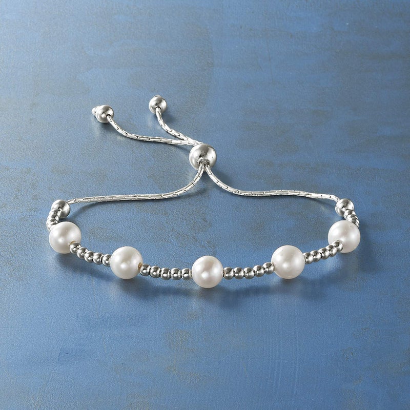 Ross-Simons 7-7.5mm Cultured Pearl and Sterling Silver Bead Station Bolo Bracelet - Image 4