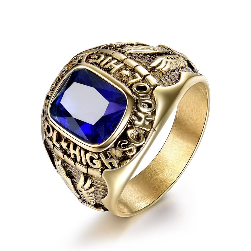 MASOP Stainless Steel Punk Ring Jewelry Engraved Eagle High School Sapphire Color CZ Rings Size 11 - Image 5