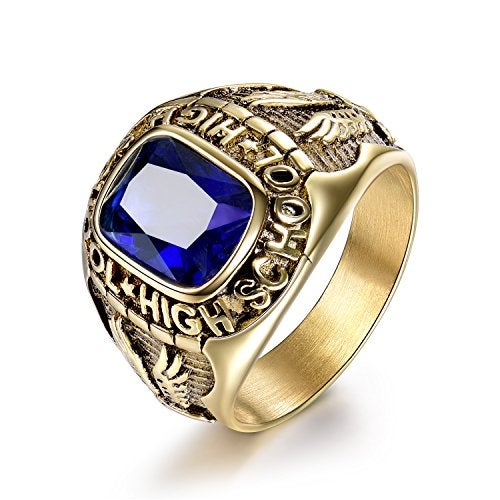 MASOP Stainless Steel Punk Ring Jewelry Engraved Eagle High School Sapphire Color CZ Rings Size 11 - Image 1