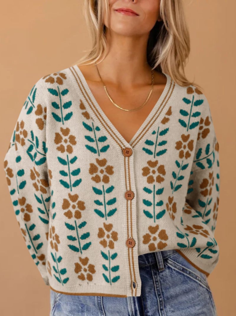 Saodimallsu Womens Floral Print V Neck Cardigan Open Front Button Down Knit Sweater Long Sleeve Loose Fashion Tops Off-White - Image 2