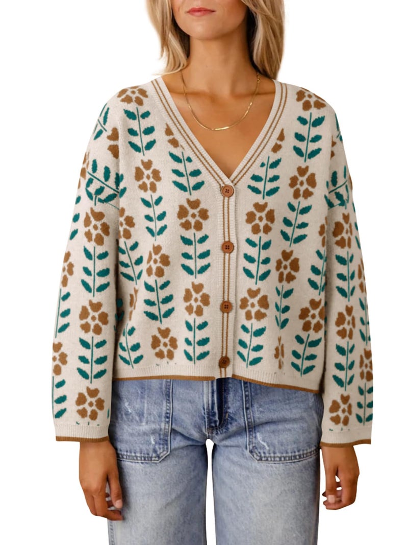 Saodimallsu Womens Floral Print V Neck Cardigan Open Front Button Down Knit Sweater Long Sleeve Loose Fashion Tops Off-White - Image 1