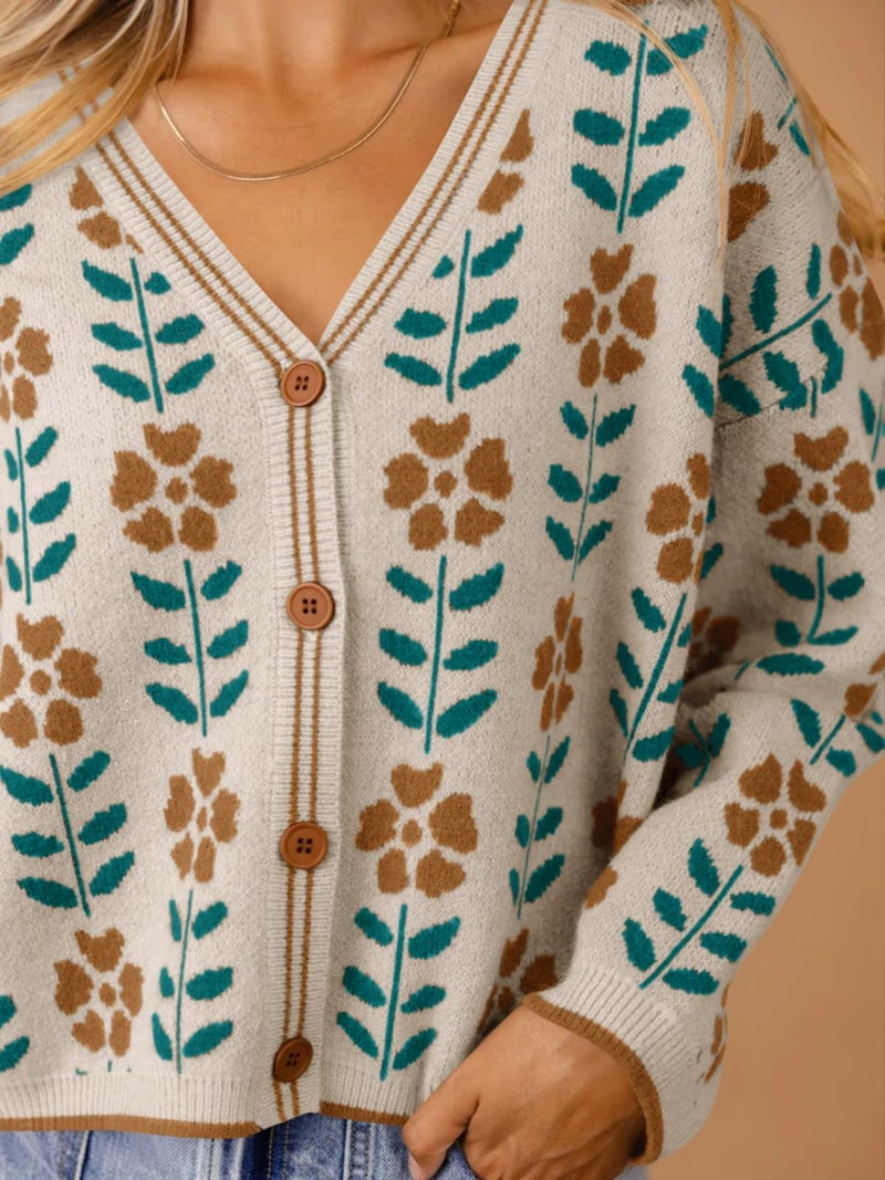 Saodimallsu Womens Floral Print V Neck Cardigan Open Front Button Down Knit Sweater Long Sleeve Loose Fashion Tops Off-White - Image 4
