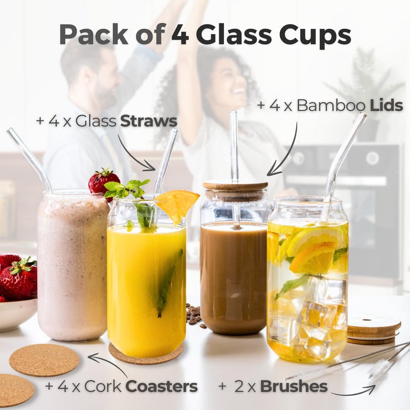 Scoozee Scoozee Iced Coffee Cups with Lids [4 Pcs-18Oz] Beer Glasses with Bamboo Lids & Glass Straws, White Elephant Gifts, Glass Cups with Lids & Straws, Coffee Glass Tumbler, Housewarming Gifts New Home  - Image 3