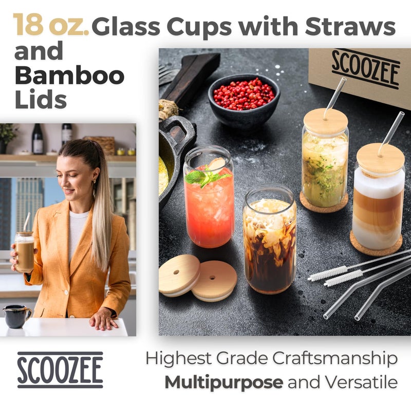 Scoozee Scoozee Iced Coffee Cups with Lids [4 Pcs-18Oz] Beer Glasses with Bamboo Lids & Glass Straws, White Elephant Gifts, Glass Cups with Lids & Straws, Coffee Glass Tumbler, Housewarming Gifts New Home  - Image 2