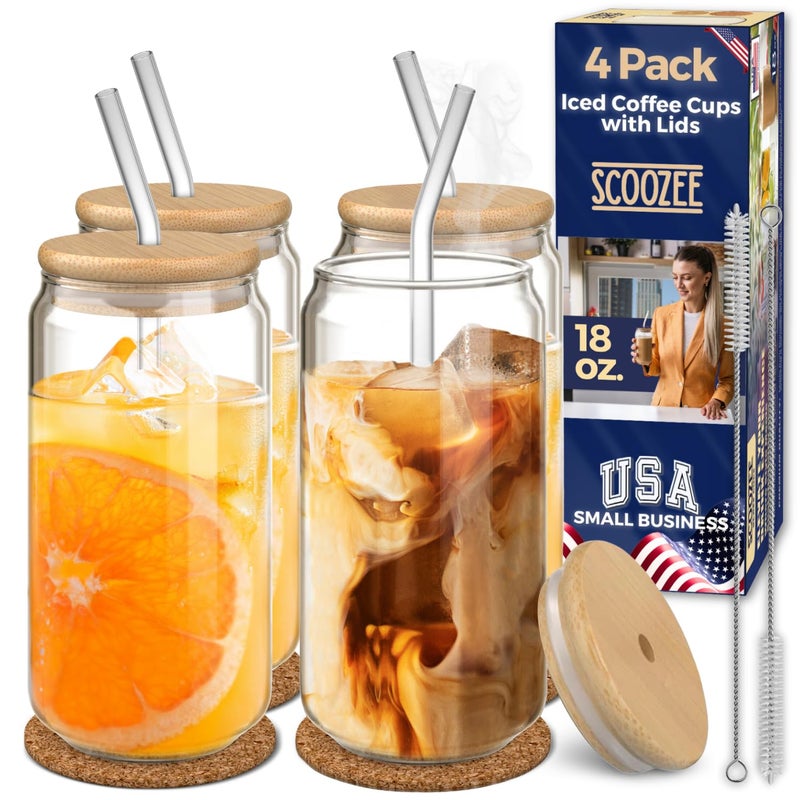 Scoozee Scoozee Iced Coffee Cups with Lids [4 Pcs-18Oz] Beer Glasses with Bamboo Lids & Glass Straws, White Elephant Gifts, Glass Cups with Lids & Straws, Coffee Glass Tumbler, Housewarming Gifts New Home  - Image 1